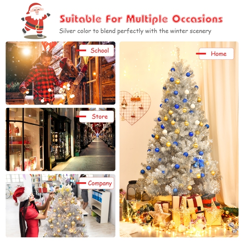 Costway 7.5Ft Hinged Unlit Artificial Silver Tinsel Christmas Tree Holiday w/Metal Stand