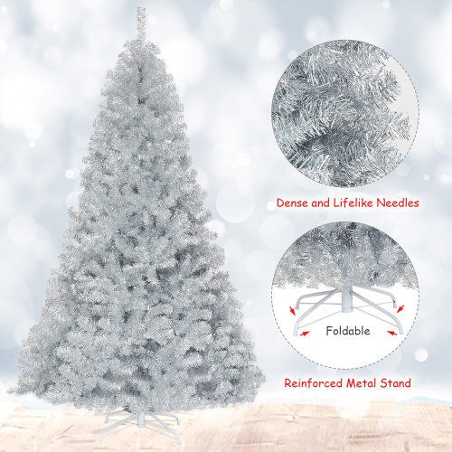 Costway 7.5Ft Hinged Unlit Artificial Silver Tinsel Christmas Tree Holiday w/Metal Stand