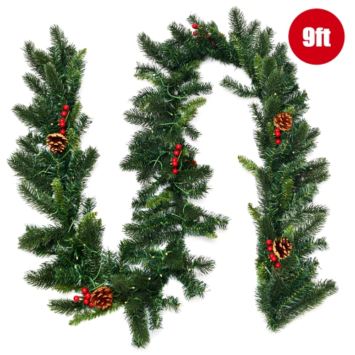 Costway 9Ft Pre-lit Artificial Christmas Garland Red Berries w/ 100 LED Lights & Timer
