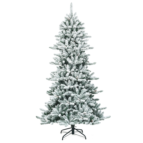 Costway 7Ft Premium Hinged Snow Flocked Slim Artificial Christmas Fir Tree w/ Pine Cones