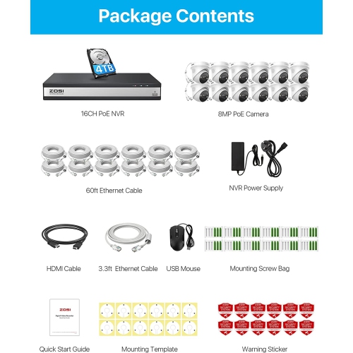 Système de surveillance à enregistreur vidéo réseau PoE Ultra HD 16CH ZOSSI 4K, 12pcs caméras de surveillance avec fil PoE 8&nbsp;Mpx avec