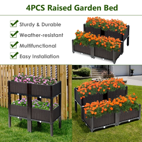 Costway Set of 4 Raised Garden Bed Elevated Flower Vegetable Herb Grow Planter Box