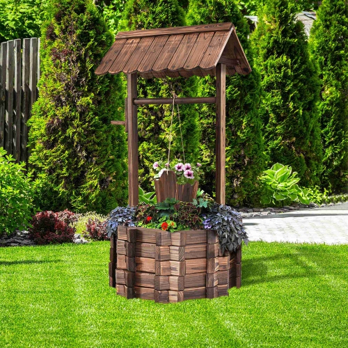 Costway Outdoor Wooden Wishing Well Bucket Flower Plants Planter Garden Home Decor