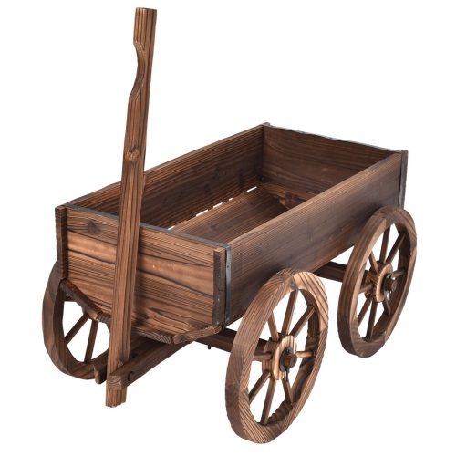 Costway Wood Wagon Flower Planter Pot Stand Garden W/Wheels