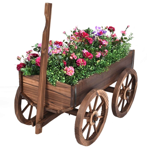Costway Wood Wagon Flower Planter Pot Stand Garden W/Wheels