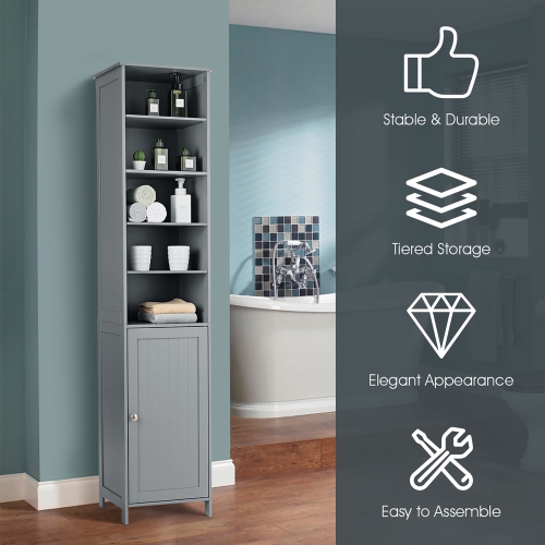 Costway 72''H Bathroom Tall Floor Storage Cabinet Shelving Display Grey