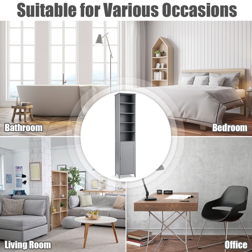 Costway 72''H Bathroom Tall Floor Storage Cabinet Shelving Display Grey