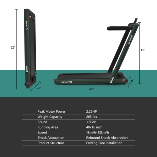 Superfit 2-in-1 Folding Treadmill 2.25HP Running Machine / Walling Pad with Bluetooth Music & Dual Display - Army