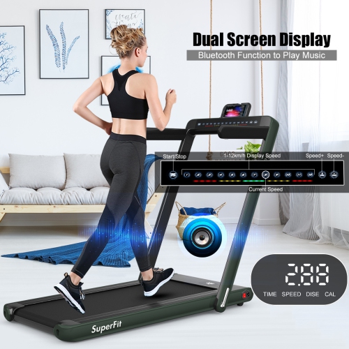 Superfit 2-in-1 Folding Treadmill 2.25HP Running Machine / Walling Pad with Bluetooth Music & Dual Display - Army