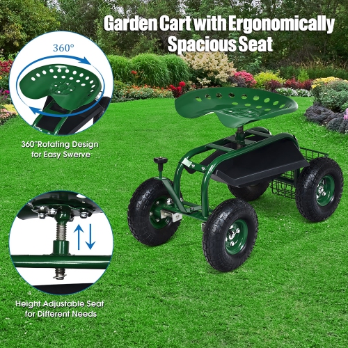 Costway Garden Cart Rolling Work Seat w/ Tool Tray Basket Green
