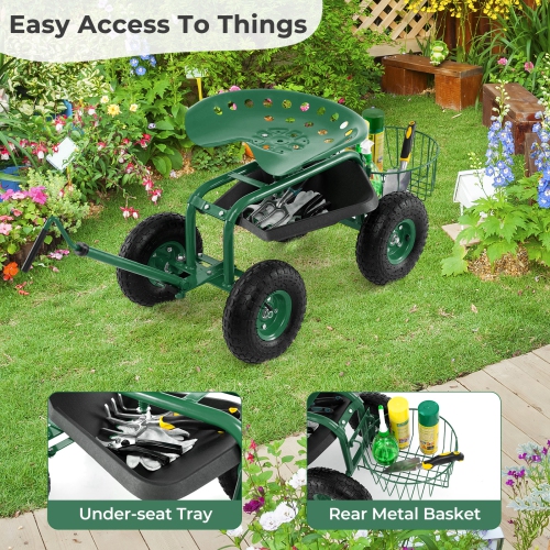 Costway Garden Cart Rolling Work Seat for Planting w/E xtendable Handle