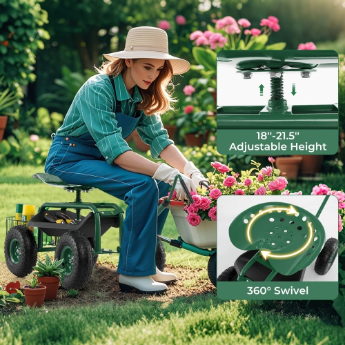 Costway Garden Cart Rolling Work Seat for Planting w/E xtendable Handle