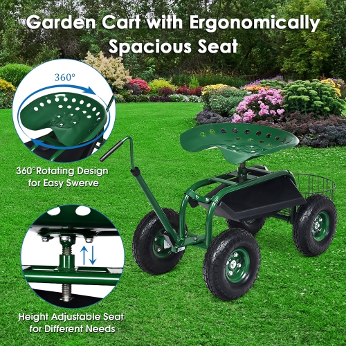 Costway Garden Cart Rolling Work Seat for Planting w/E xtendable Handle