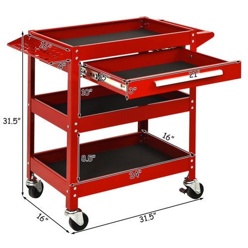 Costway Three Tray Rolling Tool Cart Mechanic Cabinet Storage ToolBox Organizer w/Drawer