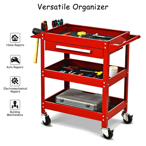 Costway Three Tray Rolling Tool Cart Mechanic Cabinet Storage ToolBox Organizer w/Drawer