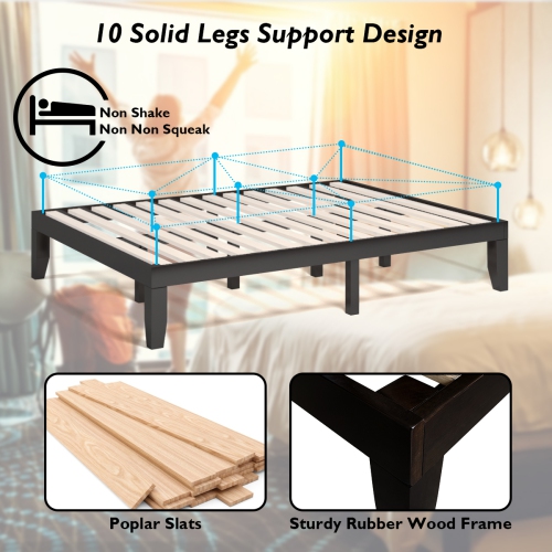 Costway Queen Size 14'' Wooden Bed Frame Mattress Platform Wood Slats Support EspressoNatural