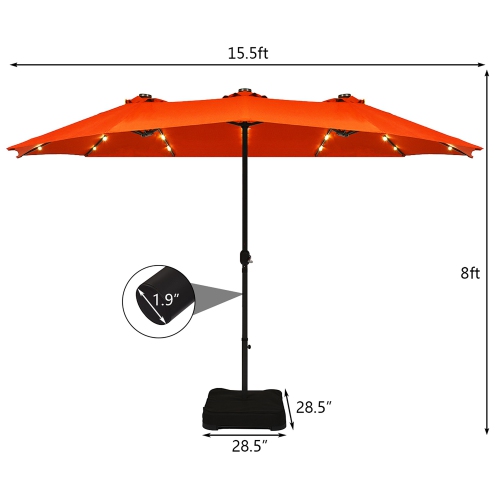 Parasol double de 4.60 m Costway avec base à manivelle et LED solaire pour terrasse, Orange