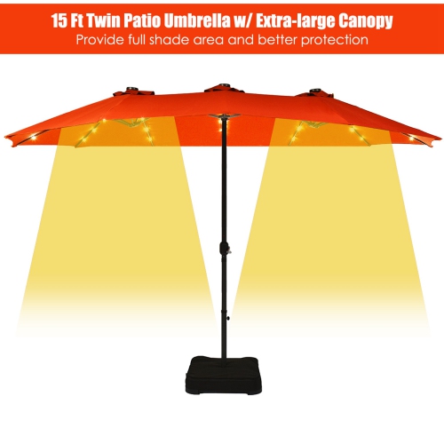 Parasol double de 4.60 m Costway avec base à manivelle et LED solaire pour terrasse, Orange