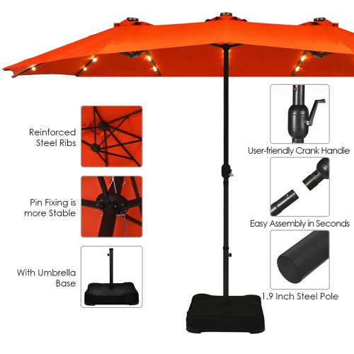 Parasol double de 4.60 m Costway avec base à manivelle et LED solaire pour terrasse, Orange