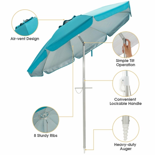 Parasol de plage de 6,5 pi de Costway Pare-soleil inclinable et portatif en aluminium multicolore/bleu/turquoise/beige