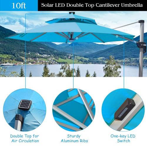 Costway 10ft Solar LED Patio Offset Umbrella 360Degree Rotation USB W/Base