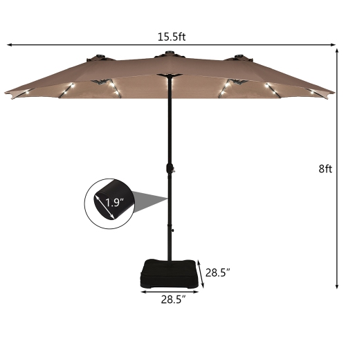 Costway 15Ft Patio Double-Sided Solar LED Market Umbrella Crank Base Tan