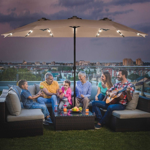 Costway 15Ft Patio Double-Sided Solar LED Market Umbrella Crank Base Tan