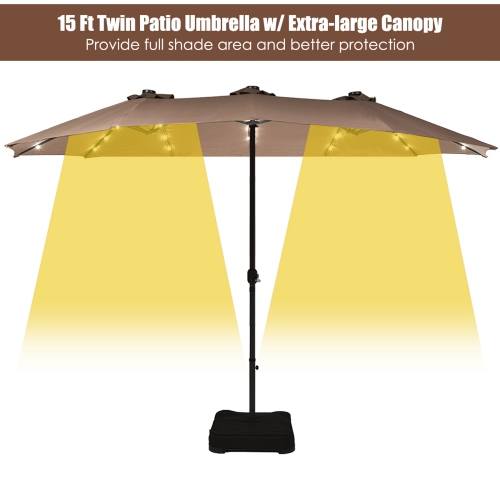 Costway 15Ft Patio Double-Sided Solar LED Market Umbrella Crank Base Tan