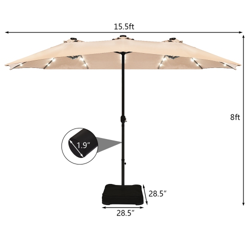 Costway 15Ft Patio Double-Sided Solar LED Market Umbrella Crank Base Beige
