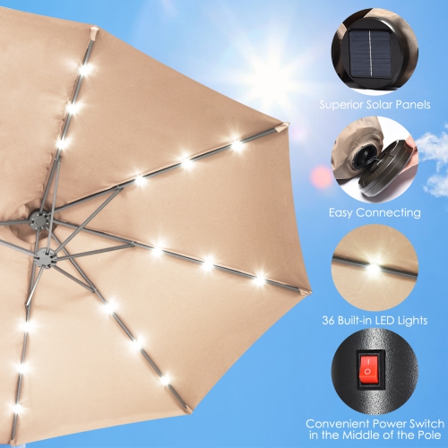 Costway 15Ft Patio Double-Sided Solar LED Market Umbrella Crank Base Beige