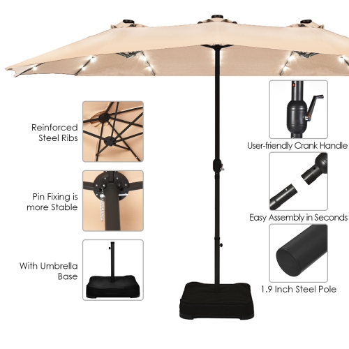 Costway 15Ft Patio Double-Sided Solar LED Market Umbrella Crank Base Beige