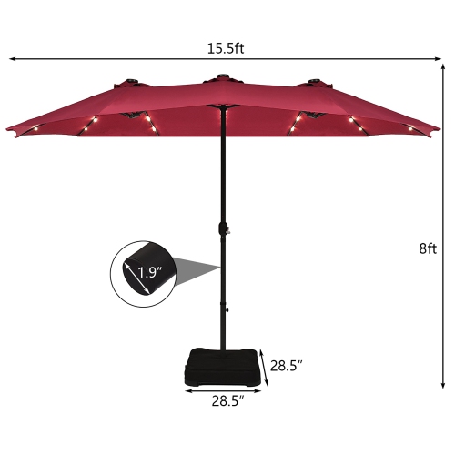 Parasol double de 4.60 m Costway avec base à manivelle et LED solaire pour terrasse, Bourgogne