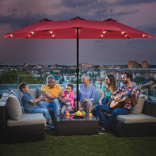 Parasol double de 4.60 m Costway avec base à manivelle et LED solaire pour terrasse, Bourgogne