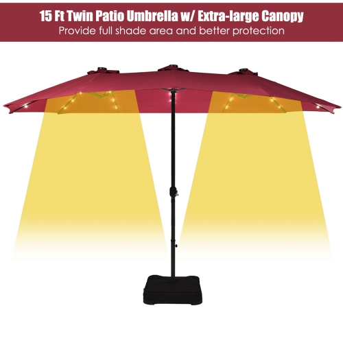 Parasol double de 4.60 m Costway avec base à manivelle et LED solaire pour terrasse, Bourgogne