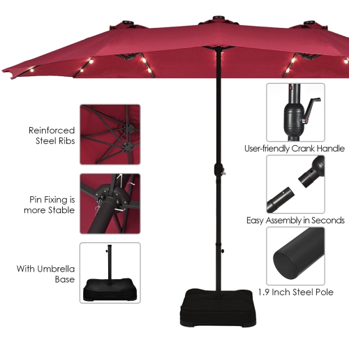 Parasol double de 4.60 m Costway avec base à manivelle et LED solaire pour terrasse, Bourgogne