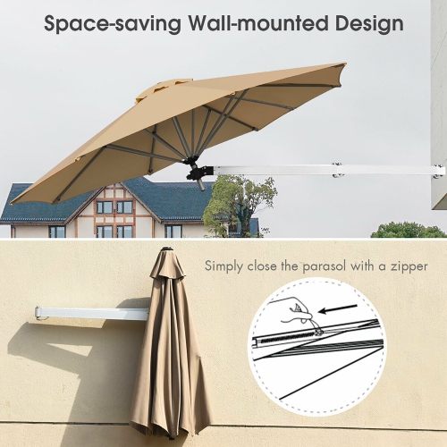 Costway 8ft Wall-Mounted Umbrella Telescopic Folding Tilt Sun Shade