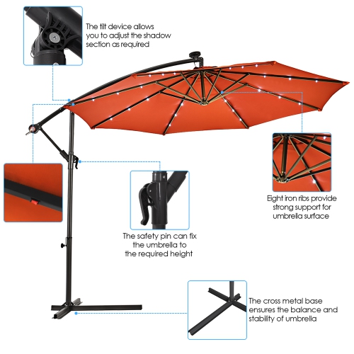 Costway 10' Hanging Solar LED Umbrella Patio Sun Shade Offset Market W/Base Orange