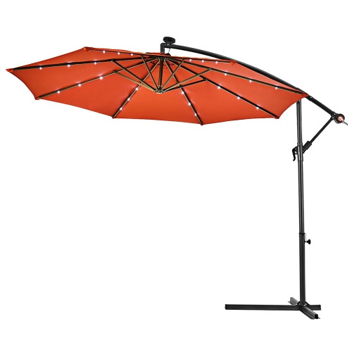 Costway 10' Hanging Solar LED Umbrella Patio Sun Shade Offset Market W/Base Orange