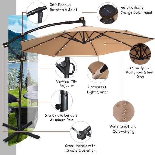 Costway 10FT Patio Offset Umbrella Solar LED 360degrees Rotation