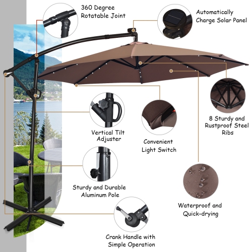 Costway 10FT Patio Offset Umbrella Solar LED 360degrees Rotation