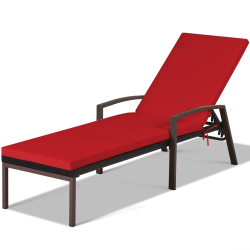 Gymax Adjustable Rattan Chaise Recliner Lounge Chair Patio Outdoor w/ Red Cushion
