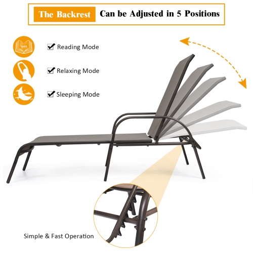 Gymax Adjustable Chaise Lounge Chair Recliner Patio Yard Outdoor w/ Armrest Brown