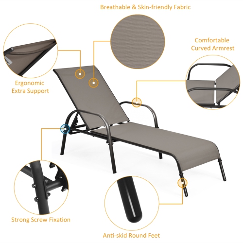 Gymax Adjustable Chaise Lounge Chair Recliner Patio Yard Outdoor w/ Armrest Brown