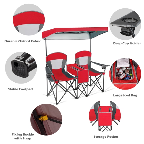 Goplus Portable Folding Camping Canopy Chairs w/ Cup Holder Cooler Outdoor Red