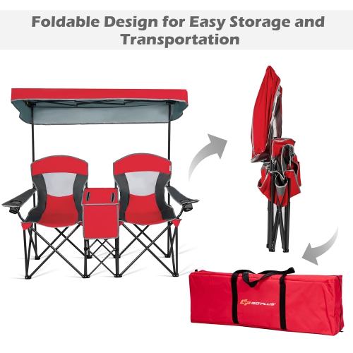 Goplus Portable Folding Camping Canopy Chairs w/ Cup Holder Cooler Outdoor Red