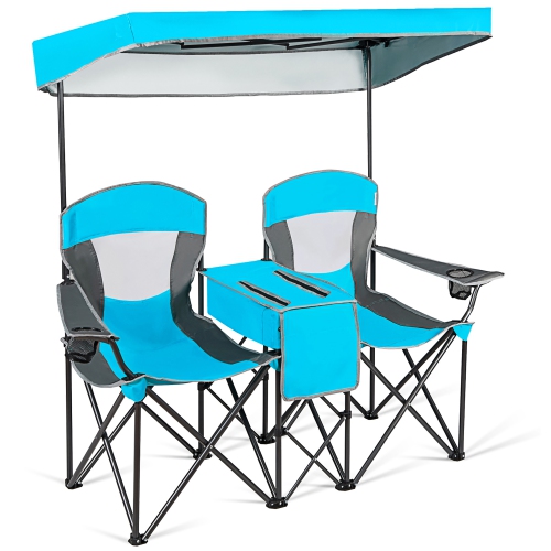 Goplus Portable Folding Camping Canopy Chairs w/ Cup Holder Cooler Outdoor Blue