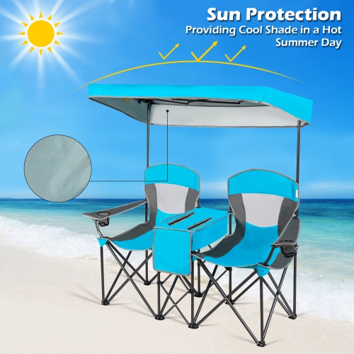 Goplus Portable Folding Camping Canopy Chairs w/ Cup Holder Cooler Outdoor Blue