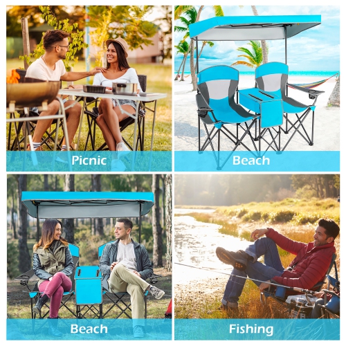 Goplus Portable Folding Camping Canopy Chairs w/ Cup Holder Cooler Outdoor Blue