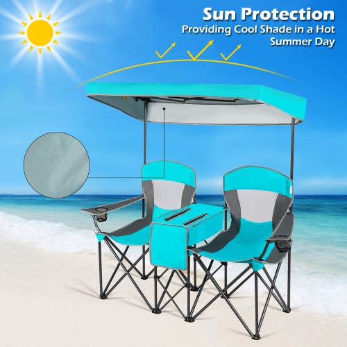 Goplus Portable Folding Camping Canopy Chairs w/ Cup Holder Cooler Outdoor Turquoise