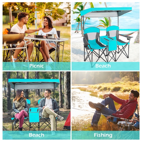 Goplus Portable Folding Camping Canopy Chairs w/ Cup Holder Cooler Outdoor Turquoise
